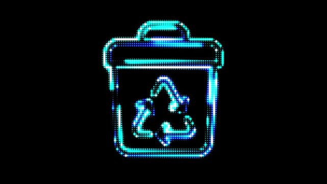 Trash container large icon intro with glowing outlines. With small recyclation arrow symbol