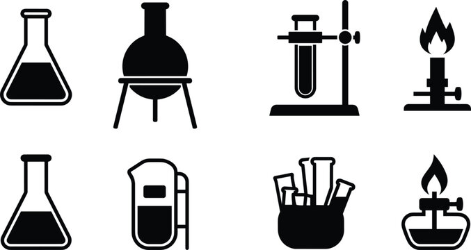 Chemical laboratory equipment solid silhouette vector icon set with glassware flasks bunsen burner beaker and test tubes