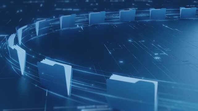 Blue digital folders are arranged in a dynamic circular pattern on a futuristic circuit board, connected by glowing lines. This abstract visual represents efficient data management, secure file