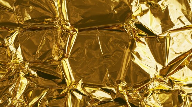 Shiny gold foil texture background with horizontal metallic folds and reflective surface, luxurious golden backdrop for holiday celebrations, festive decoration, elegant design and special events