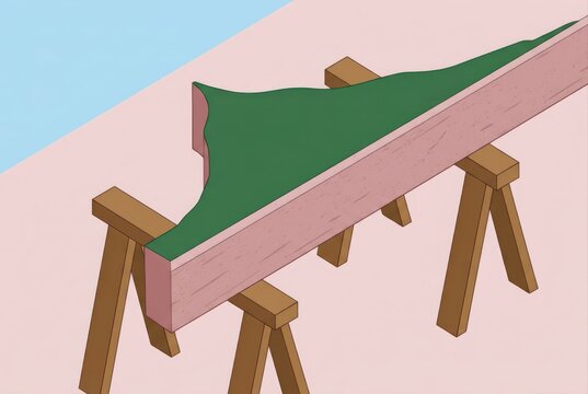 Minimal 3D render of a pink plank on sawhorses with green drape