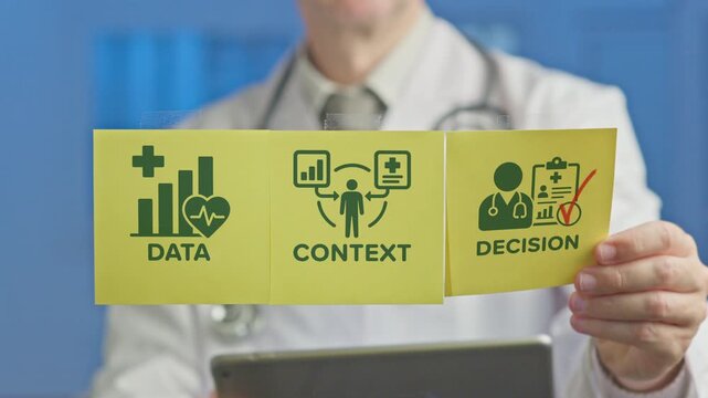 Medical doctor holding a tablet presents a concept of data driven decision making in healthcare, showcasing the importance of patient context and information for an accurate diagnosis and treatment