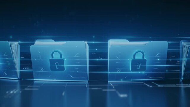 Glowing blue digital folders with padlock icons emphasize data protection and cyber security in a secure network environment. Illustrating privacy, confidential information management, and safe