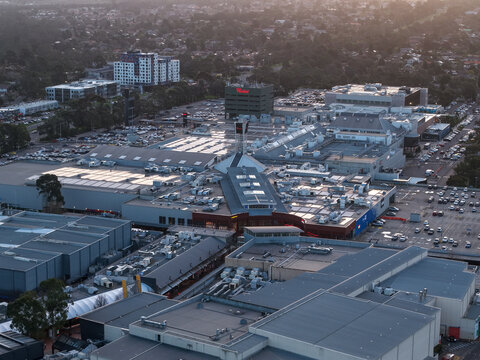 Wantirna South, Victoria, Australia - 03 September 2026: Aerial view of Westfield Knox shopping centre with expansive rooftops, parking lots, and surrounding urban infrastructure.