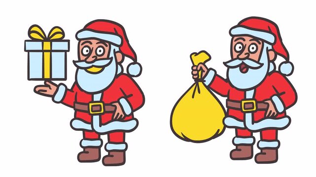 Santa Claus holds box and bag of gifts and smiles. Alpha channel. Frame by frame animation