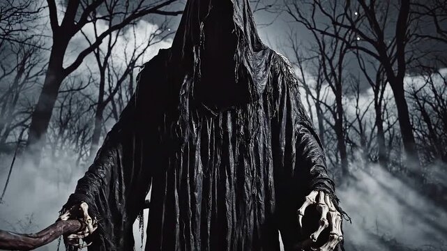 Aterradora figura de Grim Reaper con t&uacute;nica negra y capucha en un bosque nocturno, rodeada de niebla y luz de luna, creando una atm&oacute;sfera oscura, misteriosa y sobrenatural.