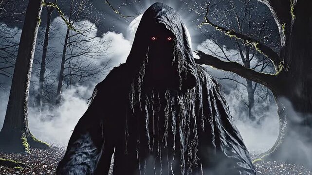 Aterradora figura de Grim Reaper con t&uacute;nica negra y capucha en un bosque nocturno, rodeada de niebla y luz de luna, creando una atm&oacute;sfera oscura, misteriosa y sobrenatural.