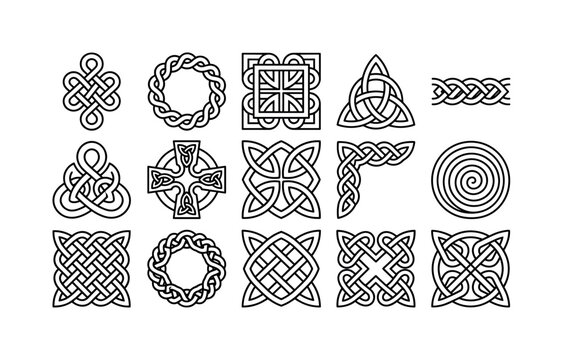 Celtic Knot Patterns, line icon set featuring endless knot, braided circle, square knot, triangular knot, border braid, Viking loop, Irish cross motif, symmetrical weave, corner ornament and
