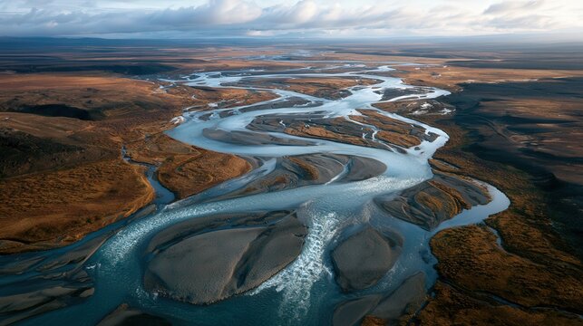 Braided river winding through barren landscape under dramatic sky