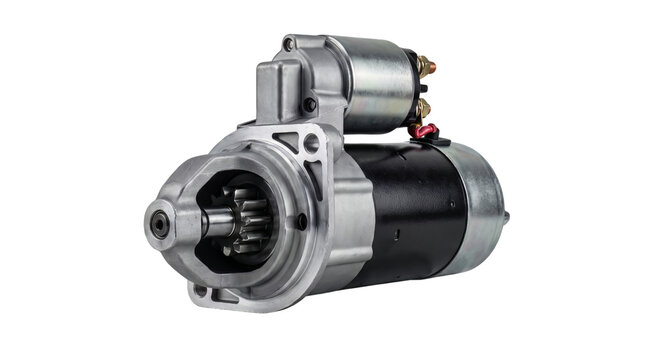Starter motor for vehicle engine isolated on transparent background.