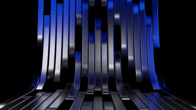 A striking abstract background featuring numerous blue and silver metallic vertical bars. These glossy strips curve gently, creating a dynamic visual flow and a futuristic digital aesthetic against a