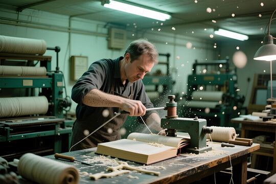 Bookbinder tightening press on sewn text block through dusty lens
