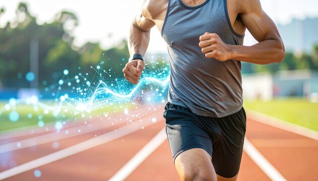 Athletic man running on track with digital data graphics and fitness tracking technology.