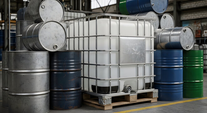 Industrial Warehouse Storage with IBC Container and Metal Barrels