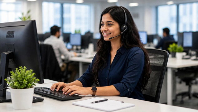 Happy young Indian woman with headset working in modern office