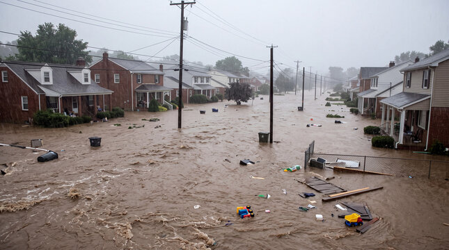 豪雨の濁流に覆われた住宅街の深刻な浸水被害