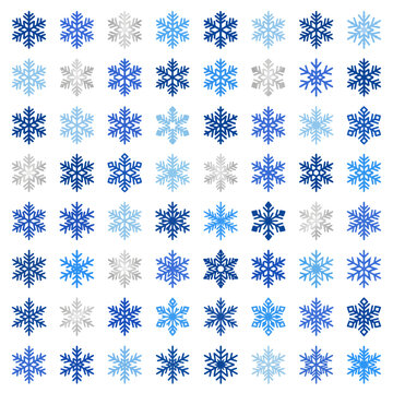 Blue and grey vector snowflake icon set in grid layout