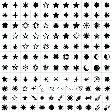 Black star icons and celestial symbols set