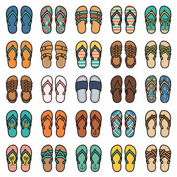 Colorful summer flip flops and sandals collection vector set