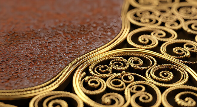Intricate Gold Filigree Design on Rusty Textured Metallic Background