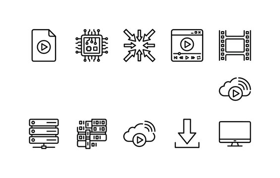 HEVC Video Codec, line icon set featuring video file, codec chip, compression arrows, media player, film frame, data blocks, server, streaming cloud, download arrow, monitor, covering HEVC, H.265