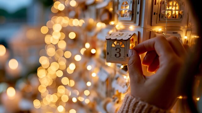 A hand gently holds a small wooden advent calendar house marked with the number 3, surrounded by warm glowing fairy lights and festive bokeh in soft golden tones.