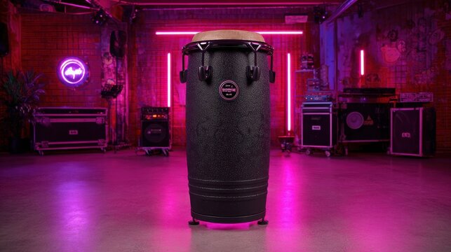 A black conga drum with natural hide texture stands prominently on a stage with vibrant neon lighting