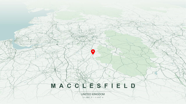Modern minimalist vector map of Macclesfield, Cheshire, UK. Scalable market town street grid, River Bollin, Macclesfield Canal, Peak District fringe, and Silk Town road network for wall art posters.