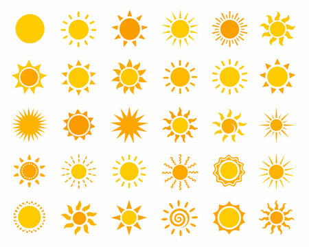 Yellow sun icon collection with different ray styles