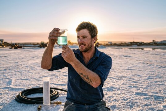 Researcher Examining a Beaker at Sunset in Salt Flats