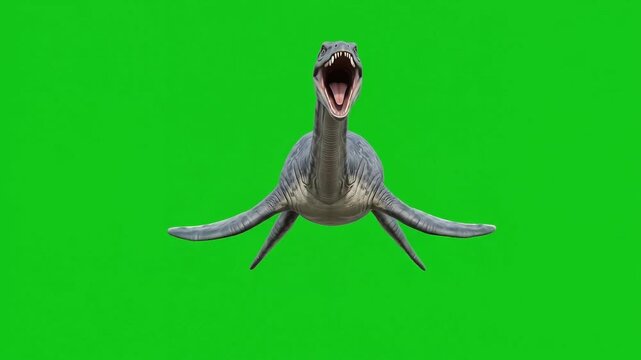 Prehistoric marine reptile plesiosaur swimming with open jaws on green screen