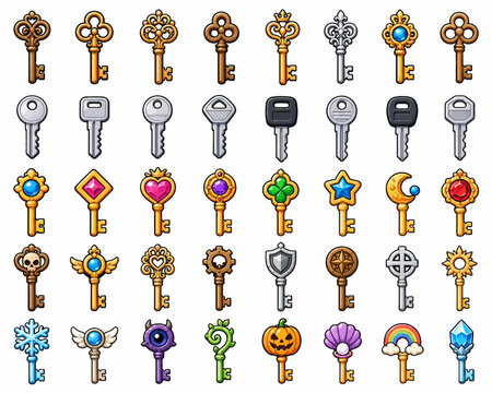 Large set of vintage modern and fantasy game keys in vector style