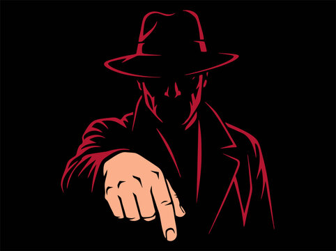 Mysterious detective in fedora hat pointing finger, noir style secret agent illustration, dark silhouette of man in trench coat