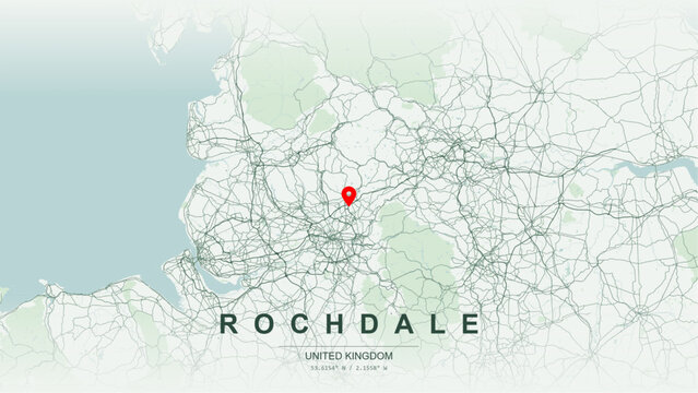 Modern minimalist vector map of Rochdale, Greater Manchester, UK. Scalable mill town street grid, River Roch valley, Rochdale Canal, Pennine foothills, and M62 motorway network for wall art posters.