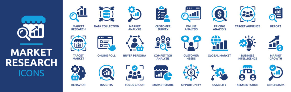 Market Research Icon Set. Market Analysis, Data Collection, Customer Survey, Target Audience, Competitor Analysis, Buyer Persona and Business Intelligence Solid Vector Icons Collection 