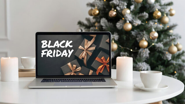 Laptop showing Black Friday online sale website on white table with candles, coffee, and blurred Christmas tree background, holiday shopping concept.