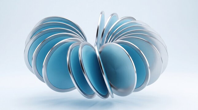 Abstract blue circular discs arranged in a dynamic radial fan shape pattern creating a modern geometric 3d composition with metallic edges
