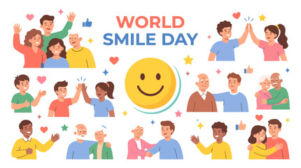 Fototapeta premium World Smile Day design with smiley face and diverse happy people