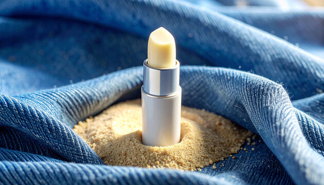 A pale yellow lip balm stands upright in fine sand surrounded by denim fabric, with sunlight highlighting its smooth surface and natural textures, evoking summer skincare.