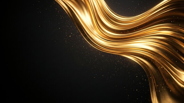 Elegant flowing waves of polished gold over a deep black background with luminous highlights and subtle golden particles, creating a sophisticated premium background for luxury, finance, wealth, and b