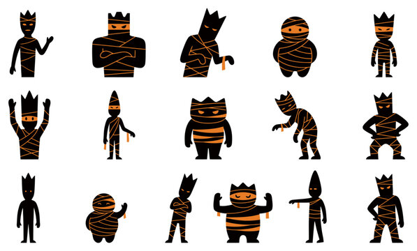 A collection of various spooky characters in this halloween mummy vector illustration featuring diverse poses and expressive monster designs