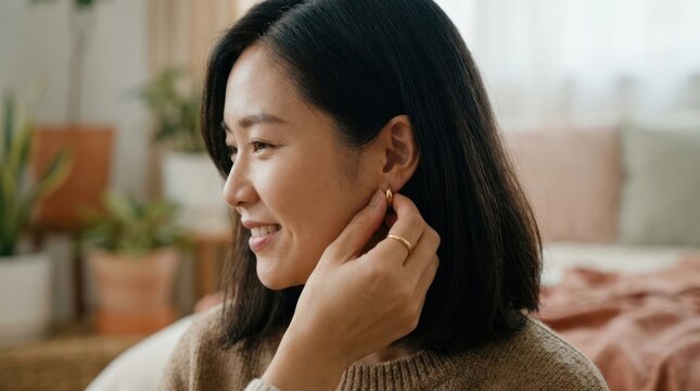 Asian woman adjusting her earring.
