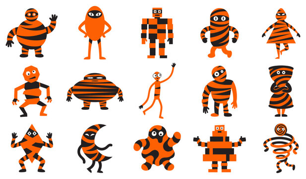 A collection of funny cartoon characters for a halloween mummy vector illustration set featuring various spooky monster designs