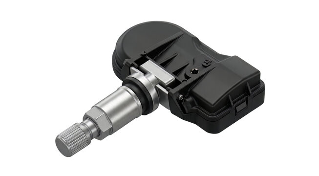 Car tire pressure monitoring unit is positioned on a plain transparent background.