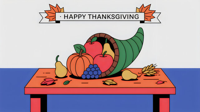 Happy thanksgiving illustration with autumn vegetables and cornucopia on a wooden table illustration