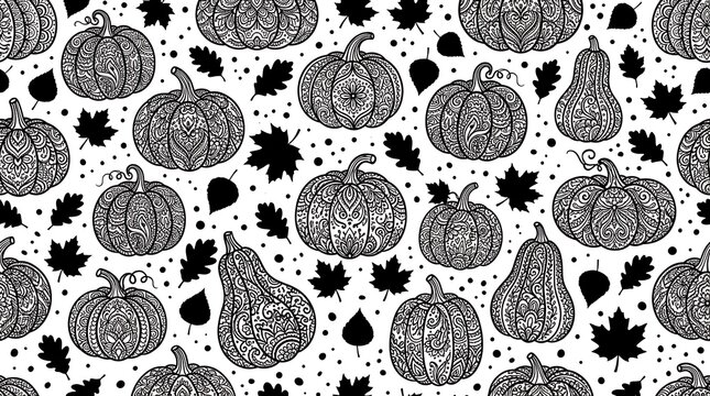 Seamless pattern with mandala pumpkins and autumn leaves