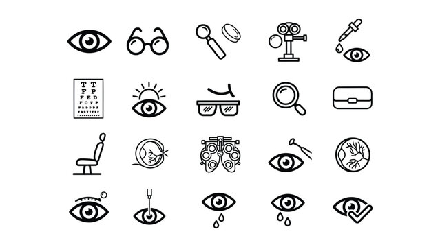 Set of eye care and optometry medical icons isolated on transparent background