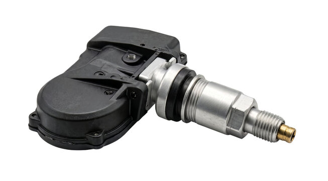 Car wheel pressure monitoring unit isolated against clean transparent background.
