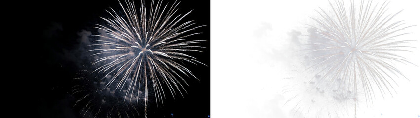 Obraz premium Stunning white firework display exploding in the night sky, capturing the vibrant streaks of light and smoke trails during a festive celebration or holiday event isolated on transparent background