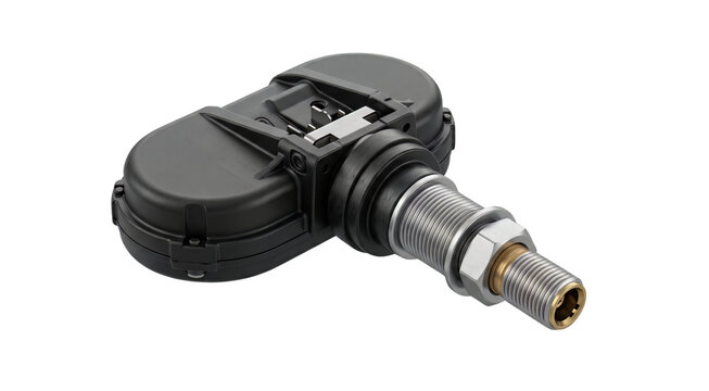 Automotive tire pressure sensor with metal stem isolated on transparent background.